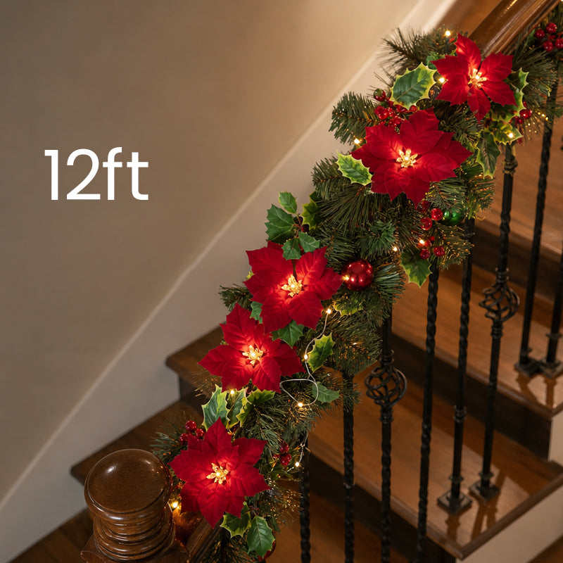 ๐ ๐ Kerstster-lichtslinger โ 2 m warme LED-slinger met rode bloemen en hulstblaadjes