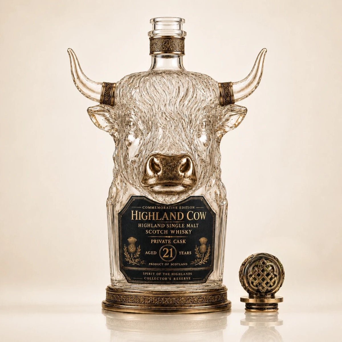 🐂 Highland Cow Private Cask 21 Jaar Schotse Whisky in Koeienkop Vorm Fles