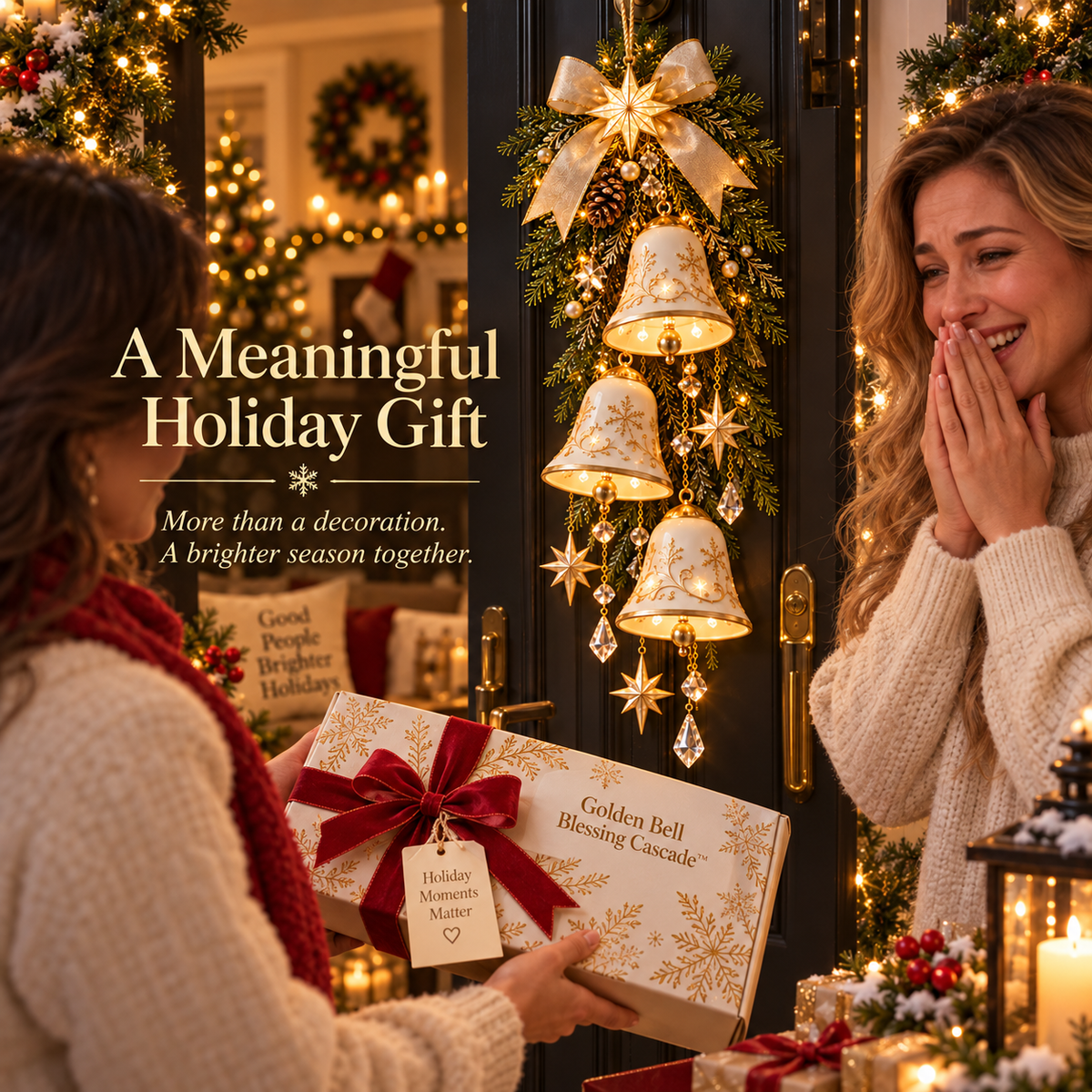 ✨ Golden Bell Blessing Cascade™ – Verlichte kerstdeurversiering