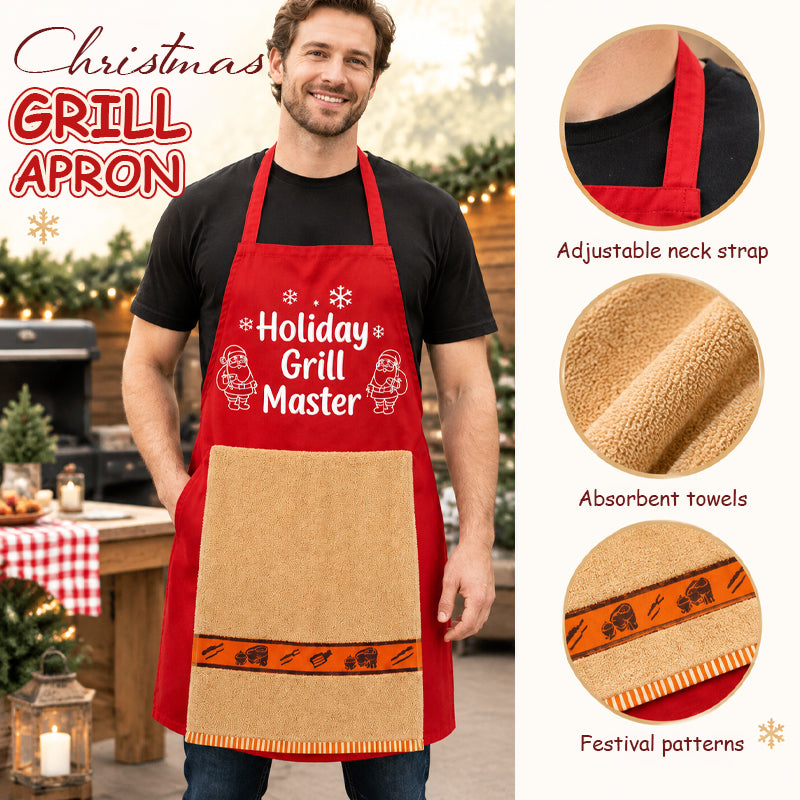🎅 Kerst BBQ Schort — Grappig Feestdag Grill Master Schort met Handdoek