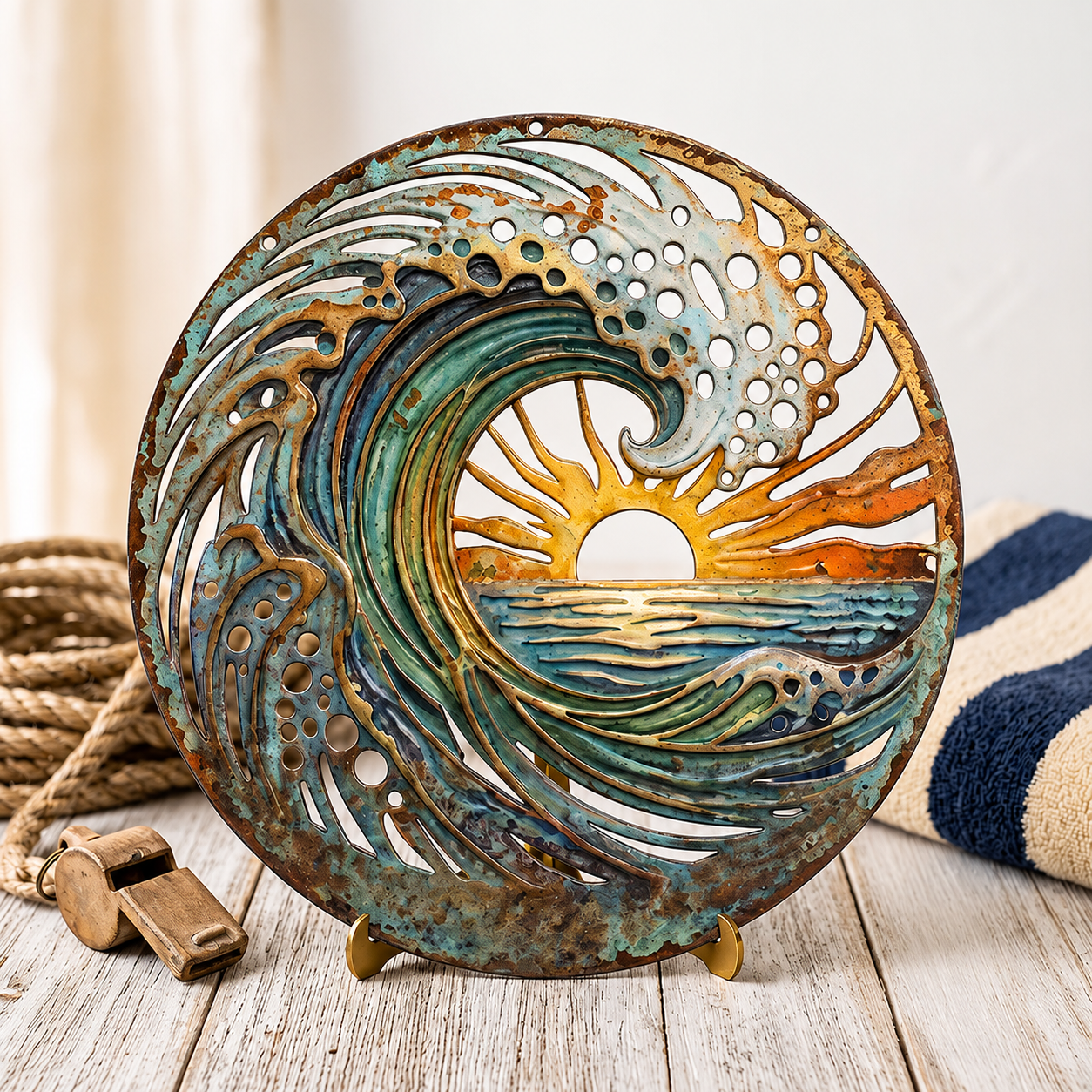 🌅 Golden Harbour-muurschildering – Metalen wanddecoratie in vintage kuststijl⚓