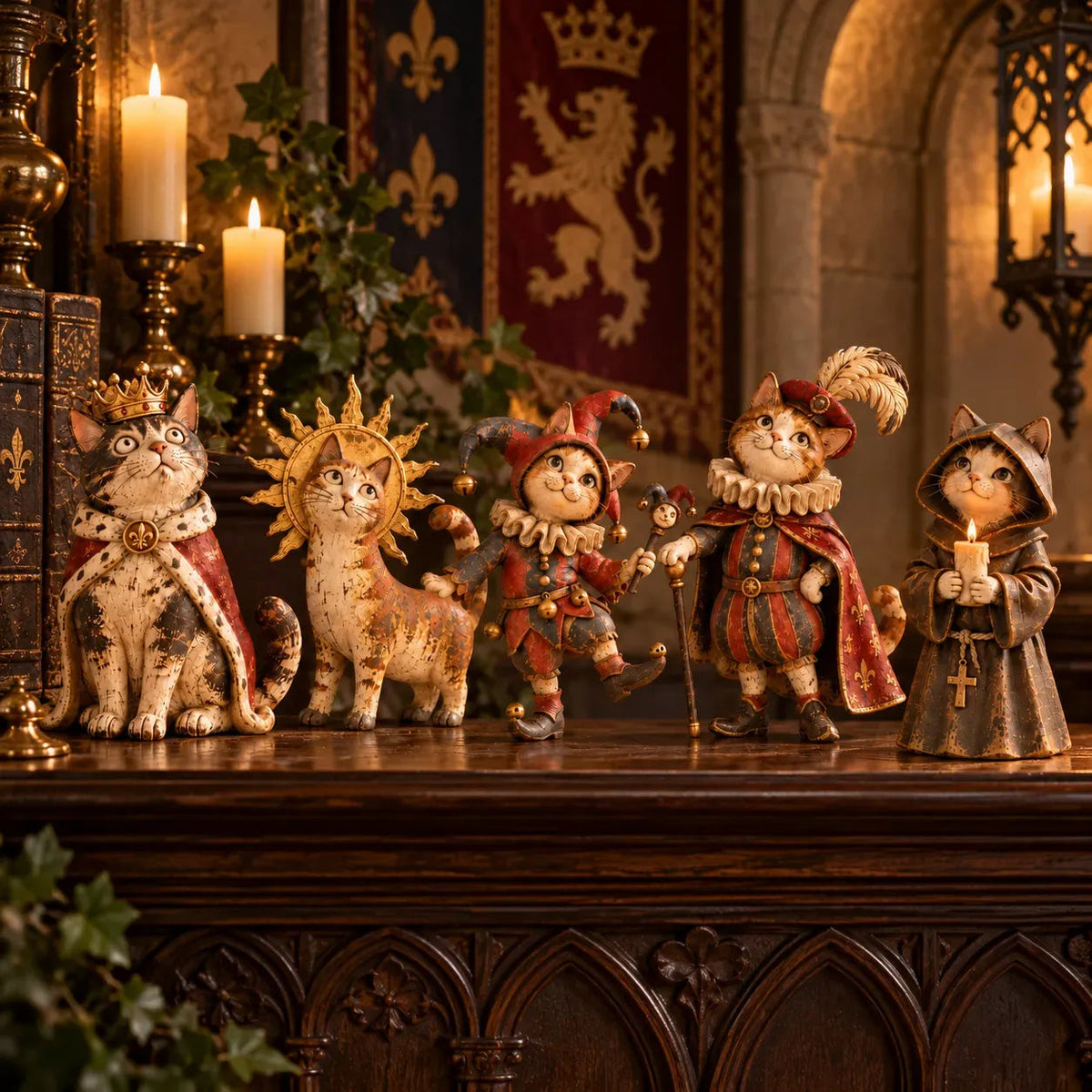 👑 Middeleeuwse Kattenhof Beeldjes | 5 Vintage-geïnspireerde Koninklijke Personages voor Planken, Schoorsteenmantels & Kattenverzamelaars 🐈
