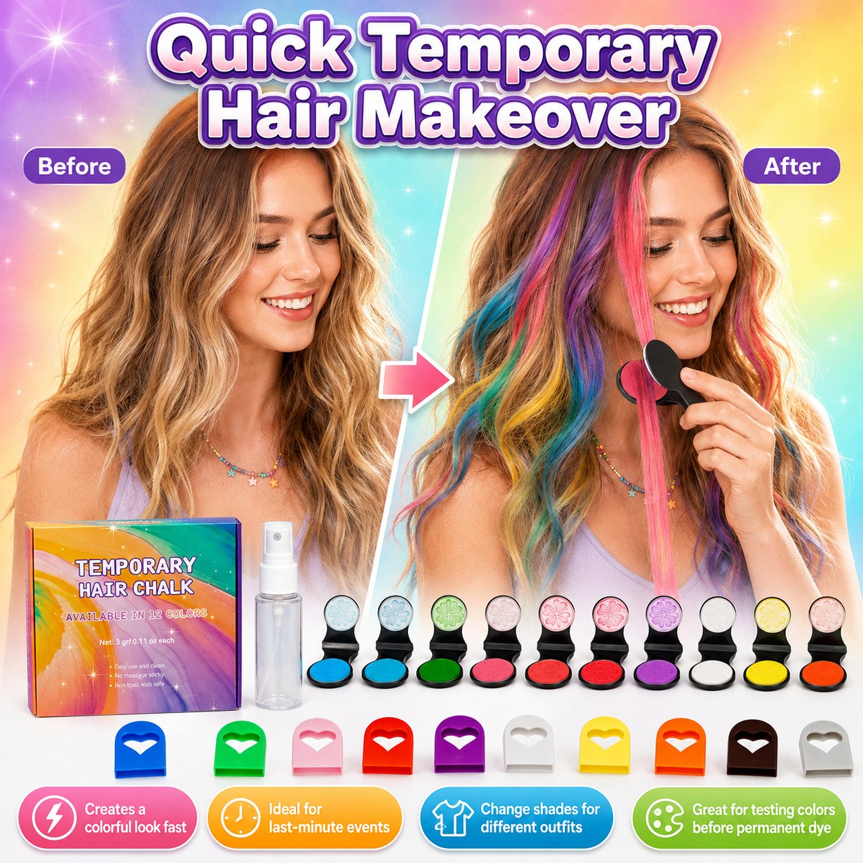 🌈 Set met applicators voor tijdelijke haarkrijtjes, 12 kleuren