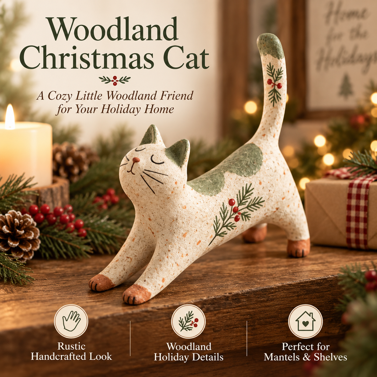 🐈🎄 Boskat Kerstbeeldje — een gezellig klein bosvriendje voor je feestelijke huis