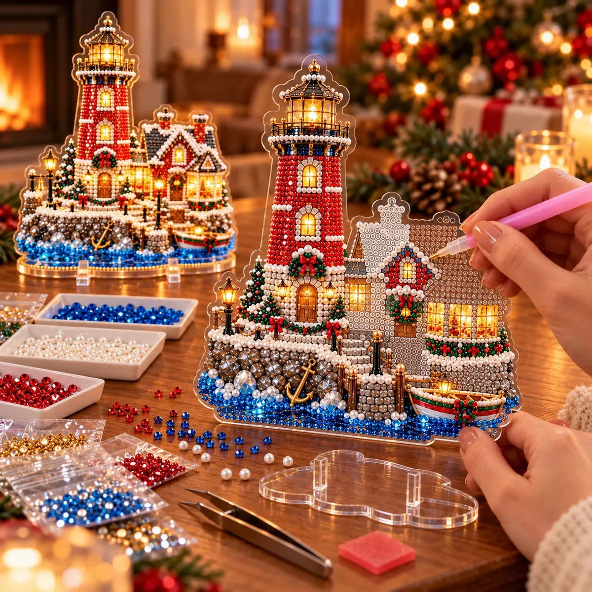 ✨ 3D Parelkunst Kerstvuurtoren – Fluweelzacht Canvas & Krasbestendige Kristallen | Luxe DIY Kerstdecoratie 🎄