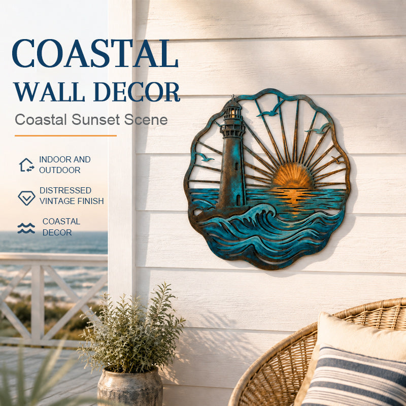 🌅 Golden Harbour-muurschildering – Metalen wanddecoratie in vintage kuststijl⚓