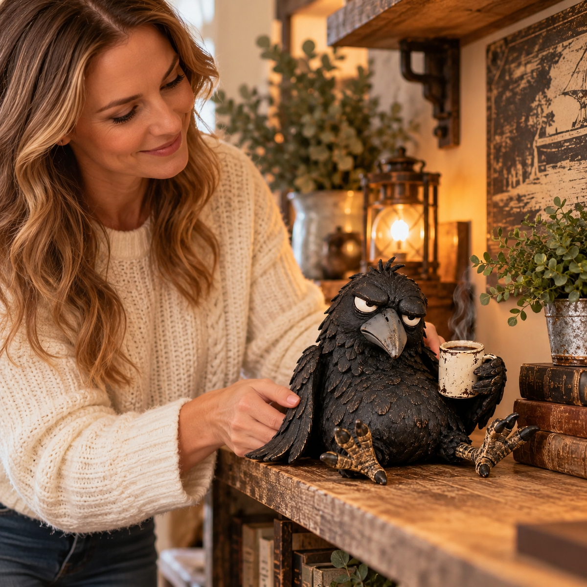 ☕ Chagrijnige Koffie Raaf Beeldje — “Nog Niet” Grappige Ochtenddecoratie