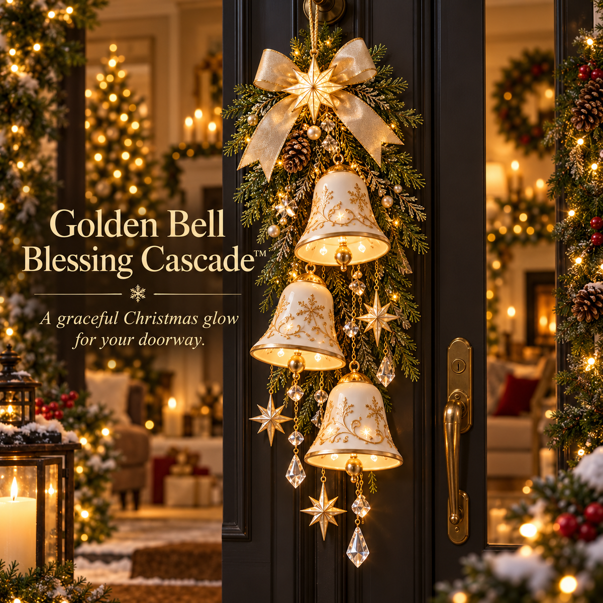 ✨ Golden Bell Blessing Cascade™ – Verlichte kerstdeurversiering