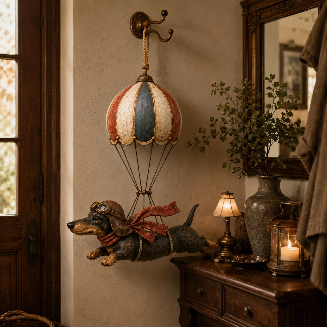 🎈 Vliegende teckel in heteluchtballon — vintage decoratie vol karakter