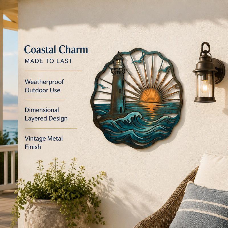🌅 Golden Harbour-muurschildering – Metalen wanddecoratie in vintage kuststijl⚓