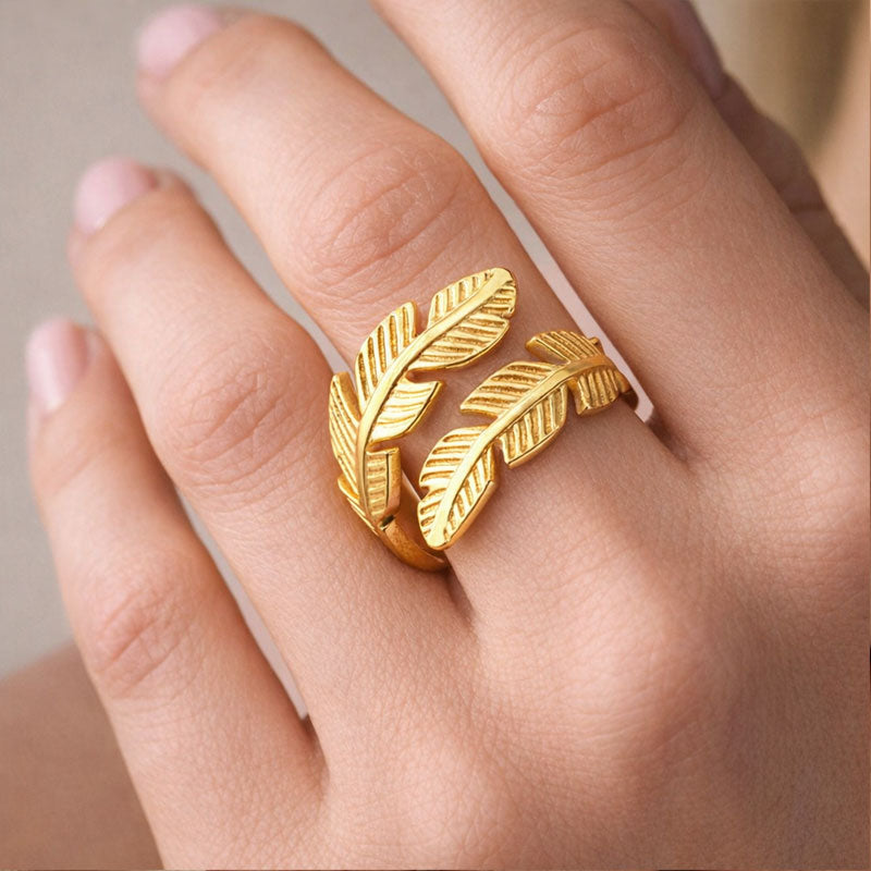 ✨Open Ring Met Veer En Blad 💍🍃🌸