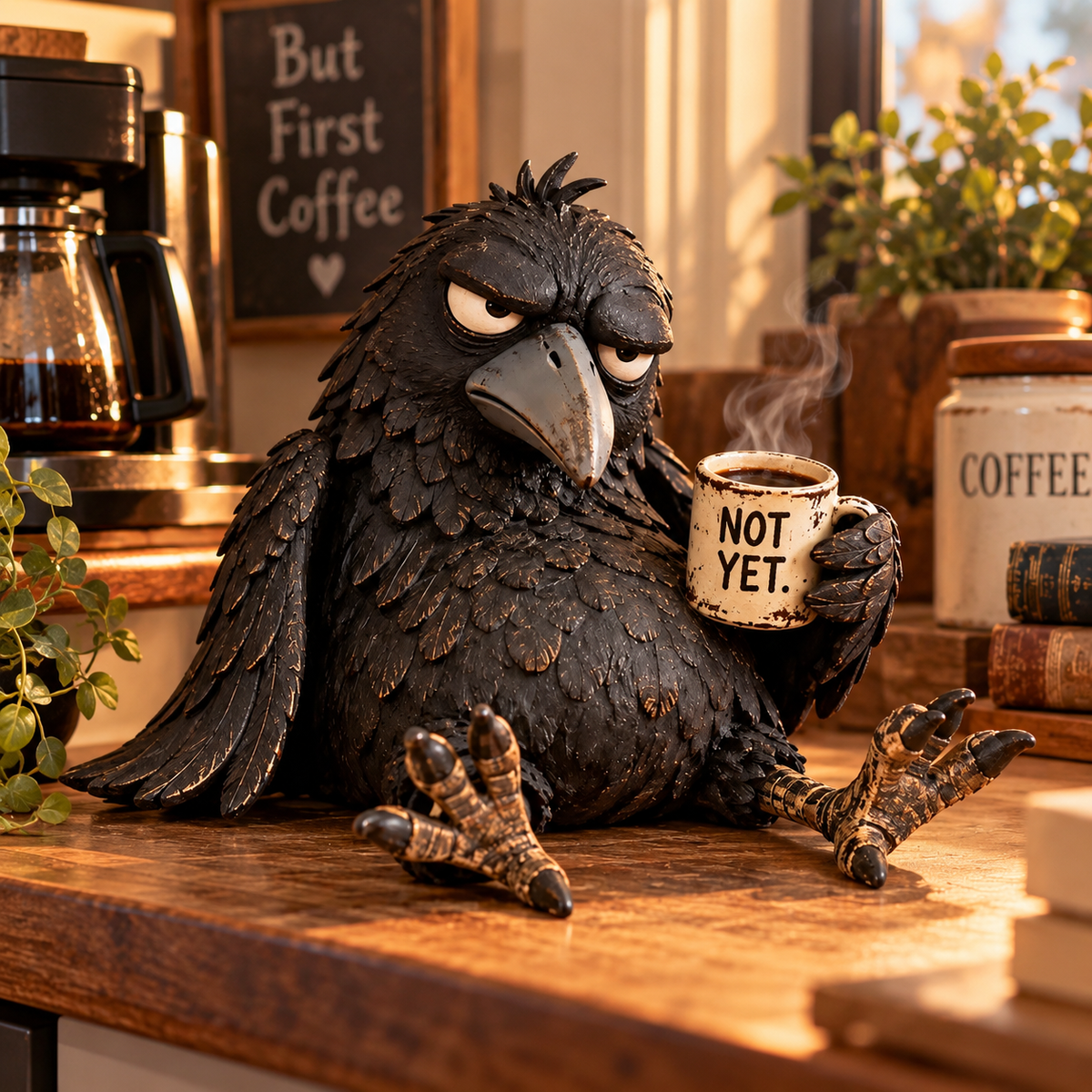 ☕ Chagrijnige Koffie Raaf Beeldje — “Nog Niet” Grappige Ochtenddecoratie