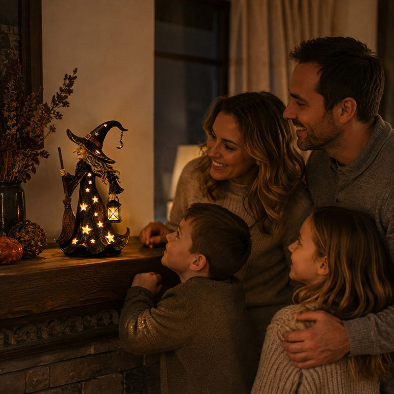 Sterrenheks Nachtlampje Beeldje | Halloween Heks Ornament met Warme LED-lampjes