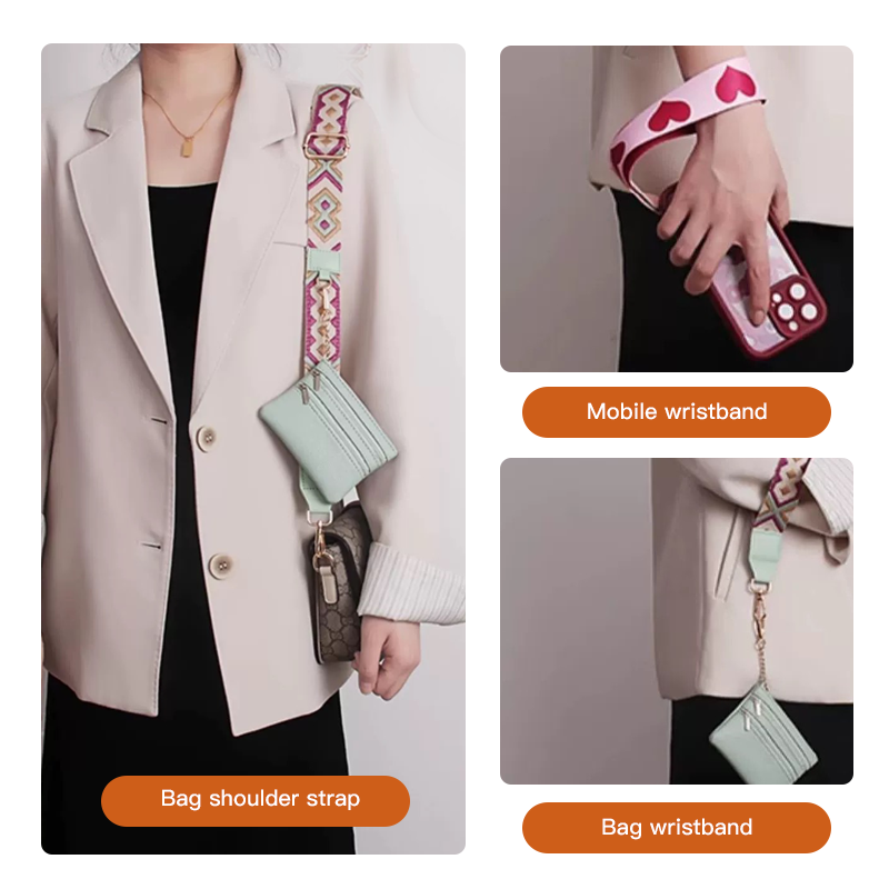 👜🚶‍♀️ Combineer een stijlvolle telefoonband perfect met een portemonnee met rits, zodat je je handen vrij hebt.