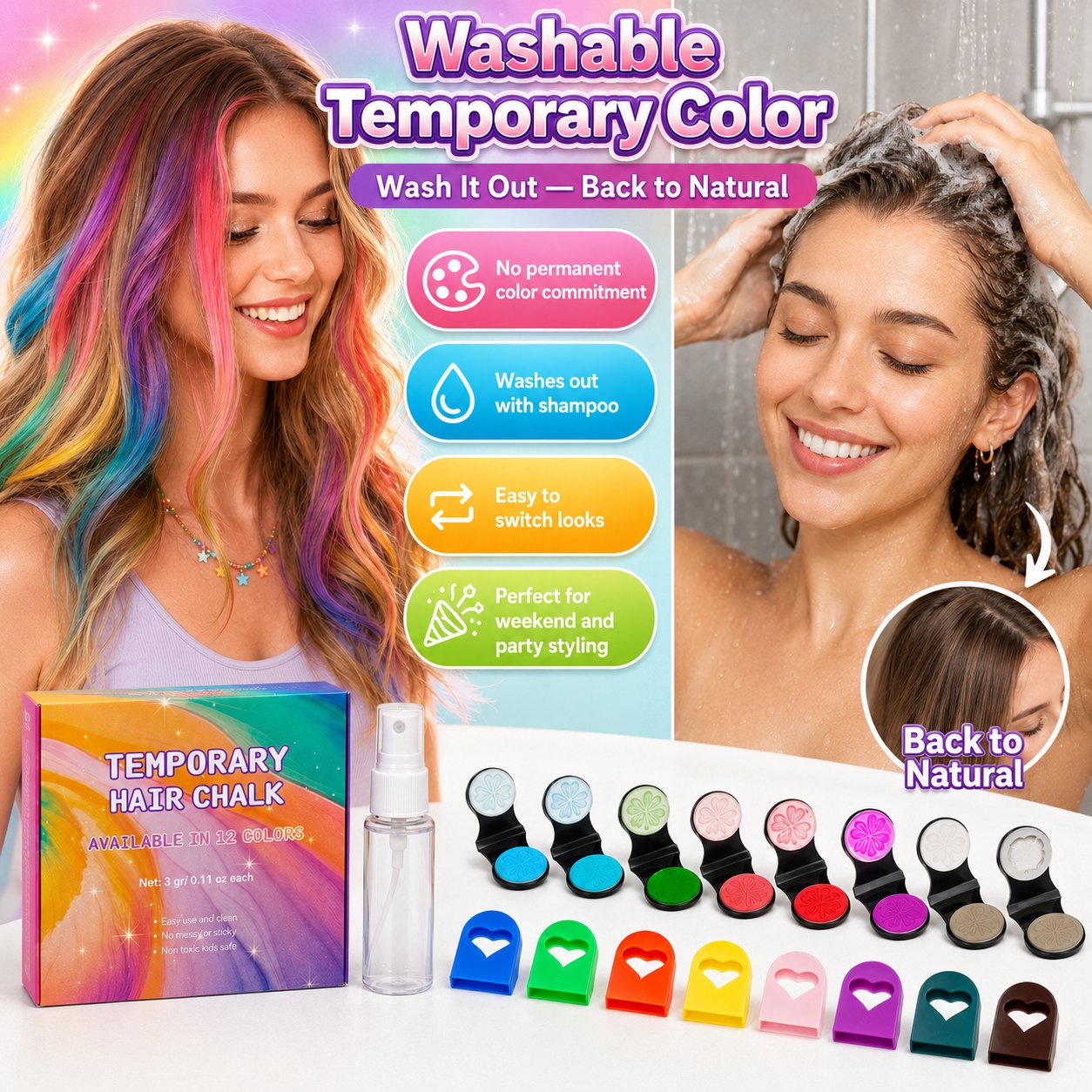 🌈 Set met applicators voor tijdelijke haarkrijtjes, 12 kleuren