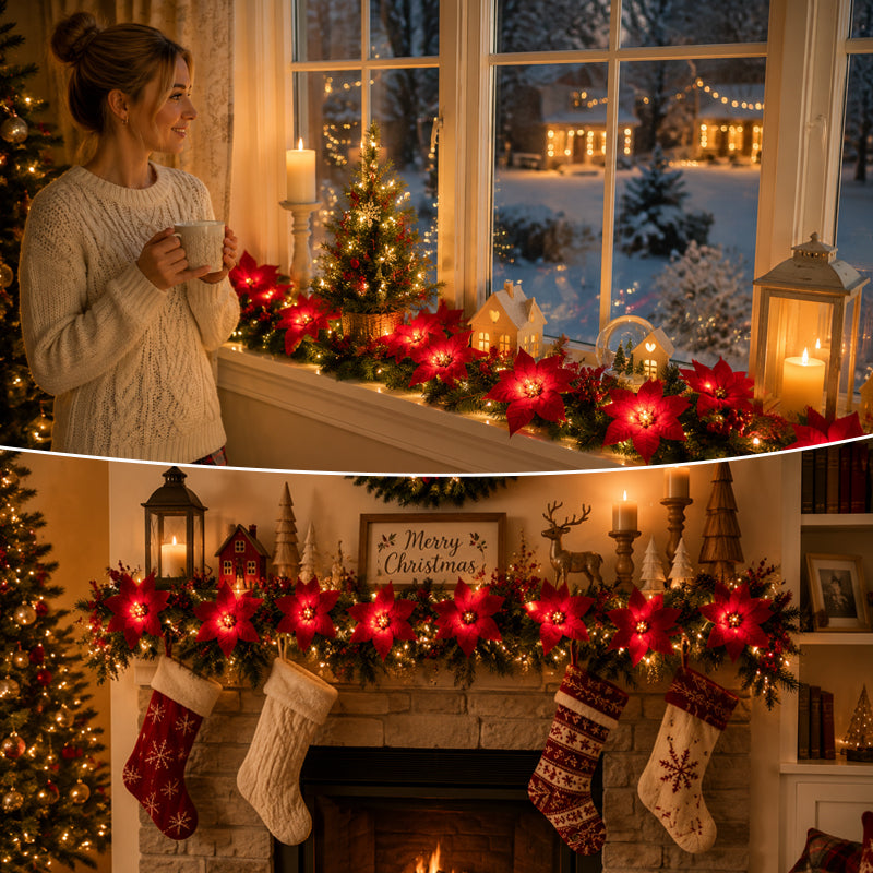 😍 🎄 Kerstster-lichtslinger – 2 m warme LED-slinger met rode bloemen en hulstblaadjes