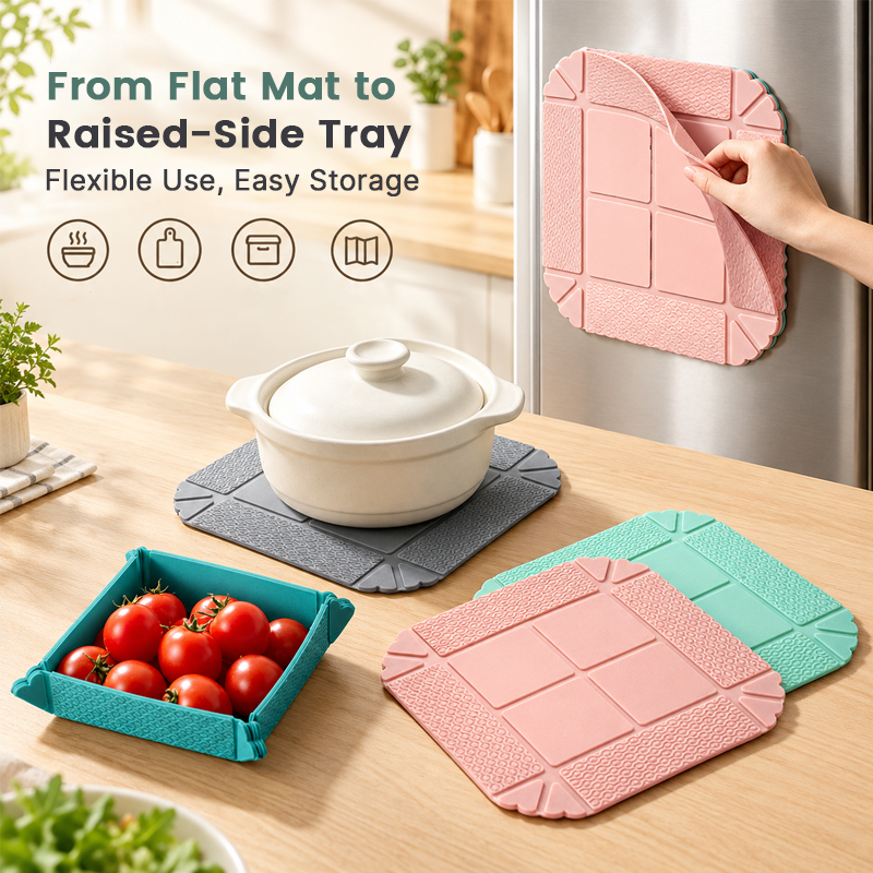 🍽️ Opvouwbare Hittebestendige Mat & Opbergbak – 2-in-1 Onderzetter en Snacktray met Magneetopslag 🧲✨