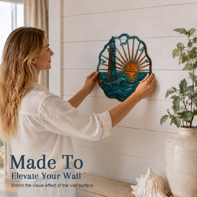 🌅 Golden Harbour-muurschildering – Metalen wanddecoratie in vintage kuststijl⚓