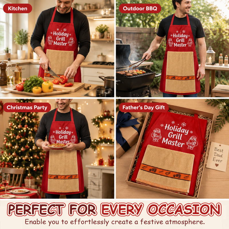 🎅 Kerst BBQ Schort — Grappig Feestdag Grill Master Schort met Handdoek