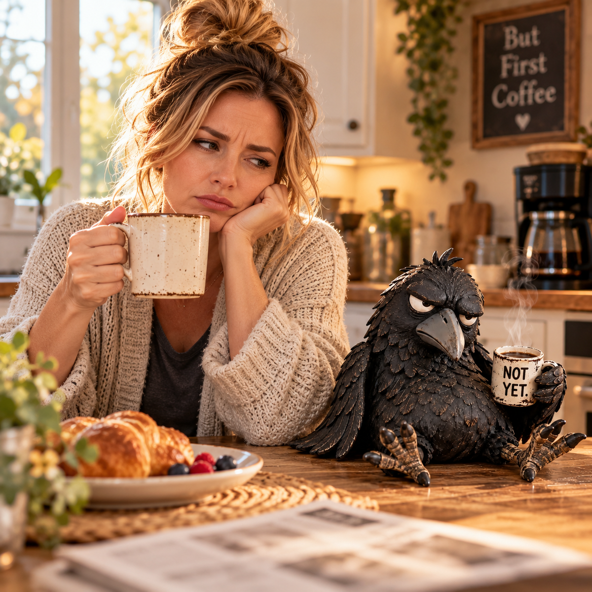 ☕ Chagrijnige Koffie Raaf Beeldje — “Nog Niet” Grappige Ochtenddecoratie