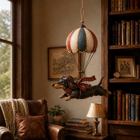 🎈 Vliegende teckel in heteluchtballon — vintage decoratie vol karakter