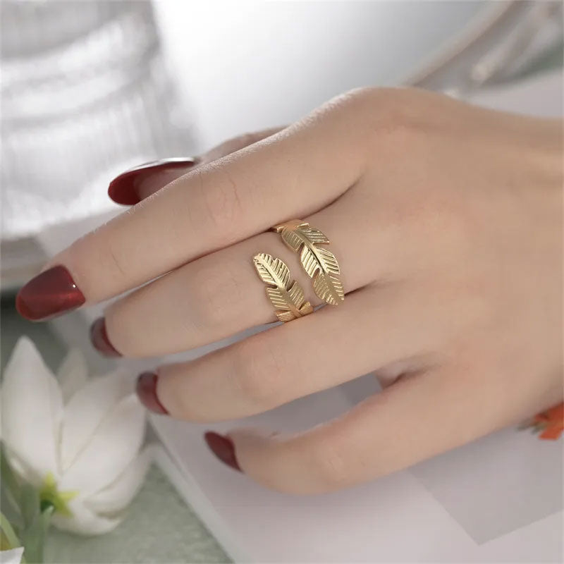 ✨Open Ring Met Veer En Blad 💍🍃🌸