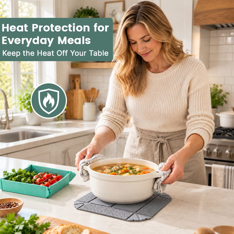 🍽️ Opvouwbare Hittebestendige Mat & Opbergbak – 2-in-1 Onderzetter en Snacktray met Magneetopslag 🧲✨