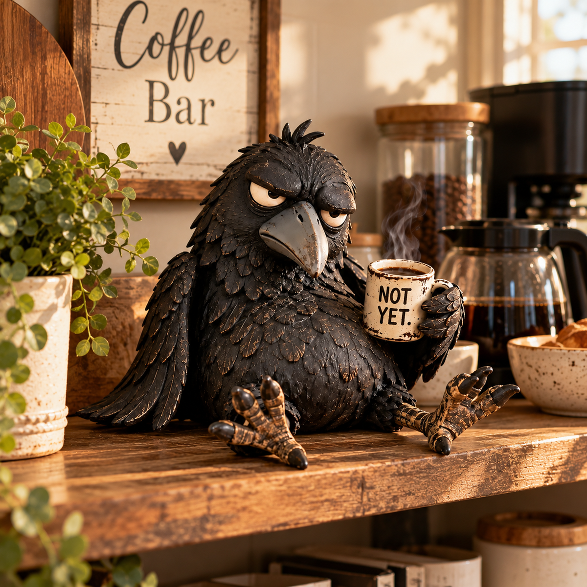 ☕ Chagrijnige Koffie Raaf Beeldje — “Nog Niet” Grappige Ochtenddecoratie