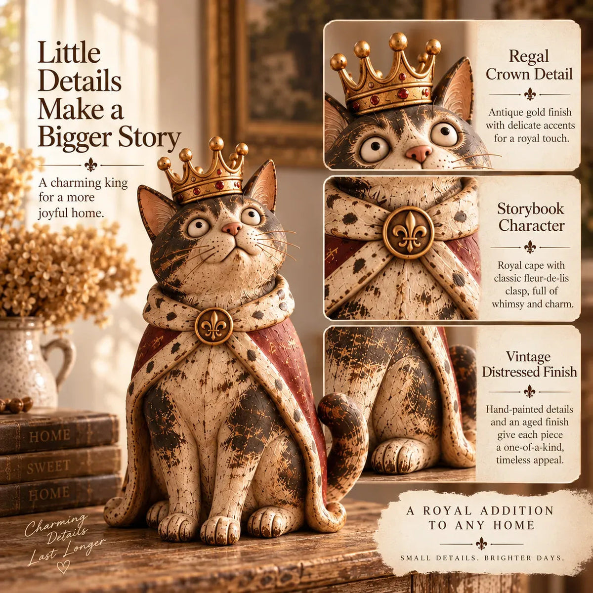 👑 Middeleeuwse Kattenhof Beeldjes | 5 Vintage-geïnspireerde Koninklijke Personages voor Planken, Schoorsteenmantels & Kattenverzamelaars 🐈