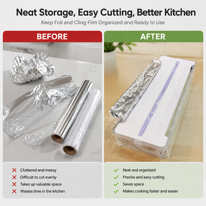 🍳 2-in-1 dispenser voor aluminiumfolie en vershoudfolie met uitschuifbaar mesje! ✂️