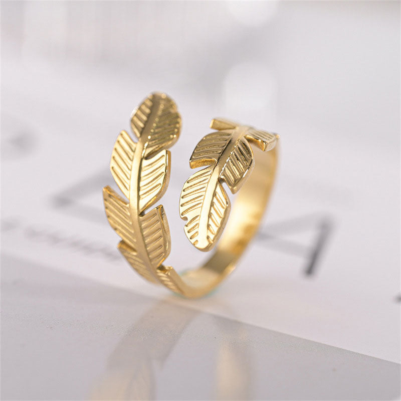 ✨Open Ring Met Veer En Blad 💍🍃🌸