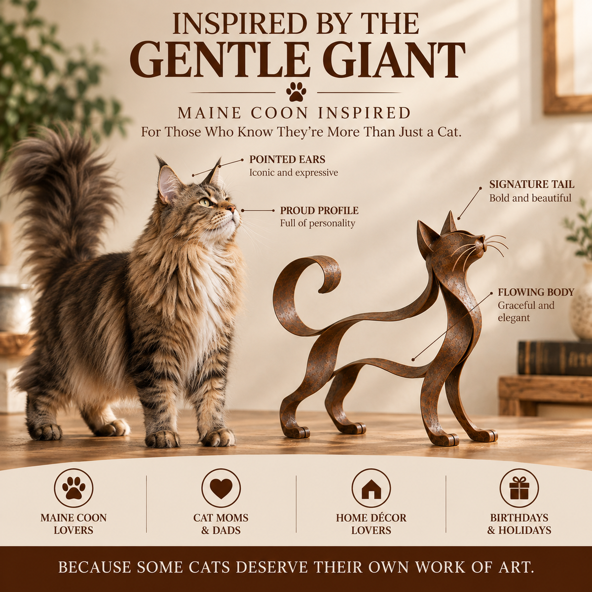 🐱 Maine Coon -tyylinen metallinen kissaveistos