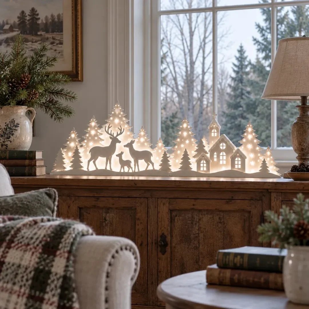 🦌 Verlichte Kerstdecoratie voor het Raam – Rendier & Dorp | 2-delige LED-set ✨
