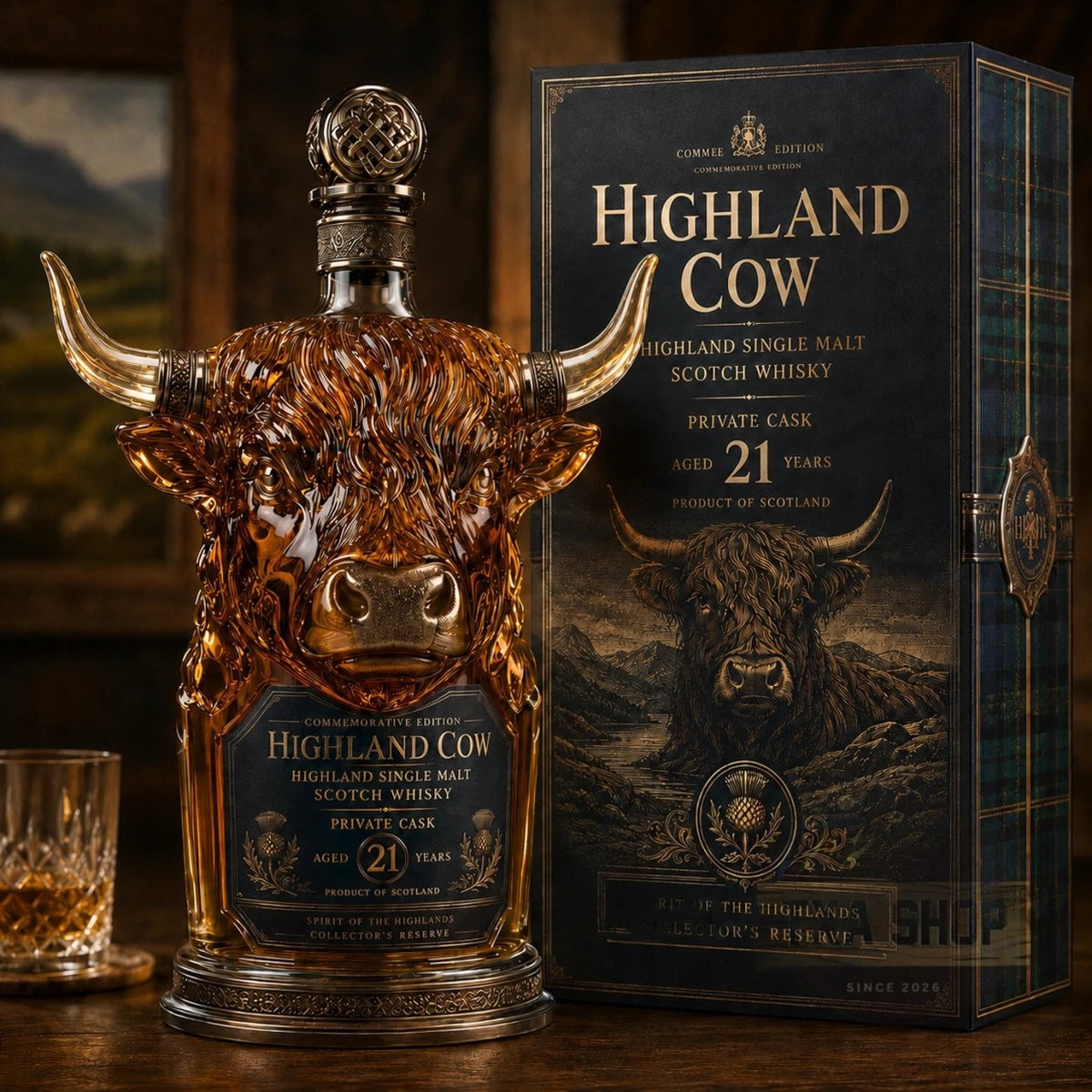 🐂 Highland Cow Private Cask 21 Jaar Schotse Whisky in Koeienkop Vorm Fles