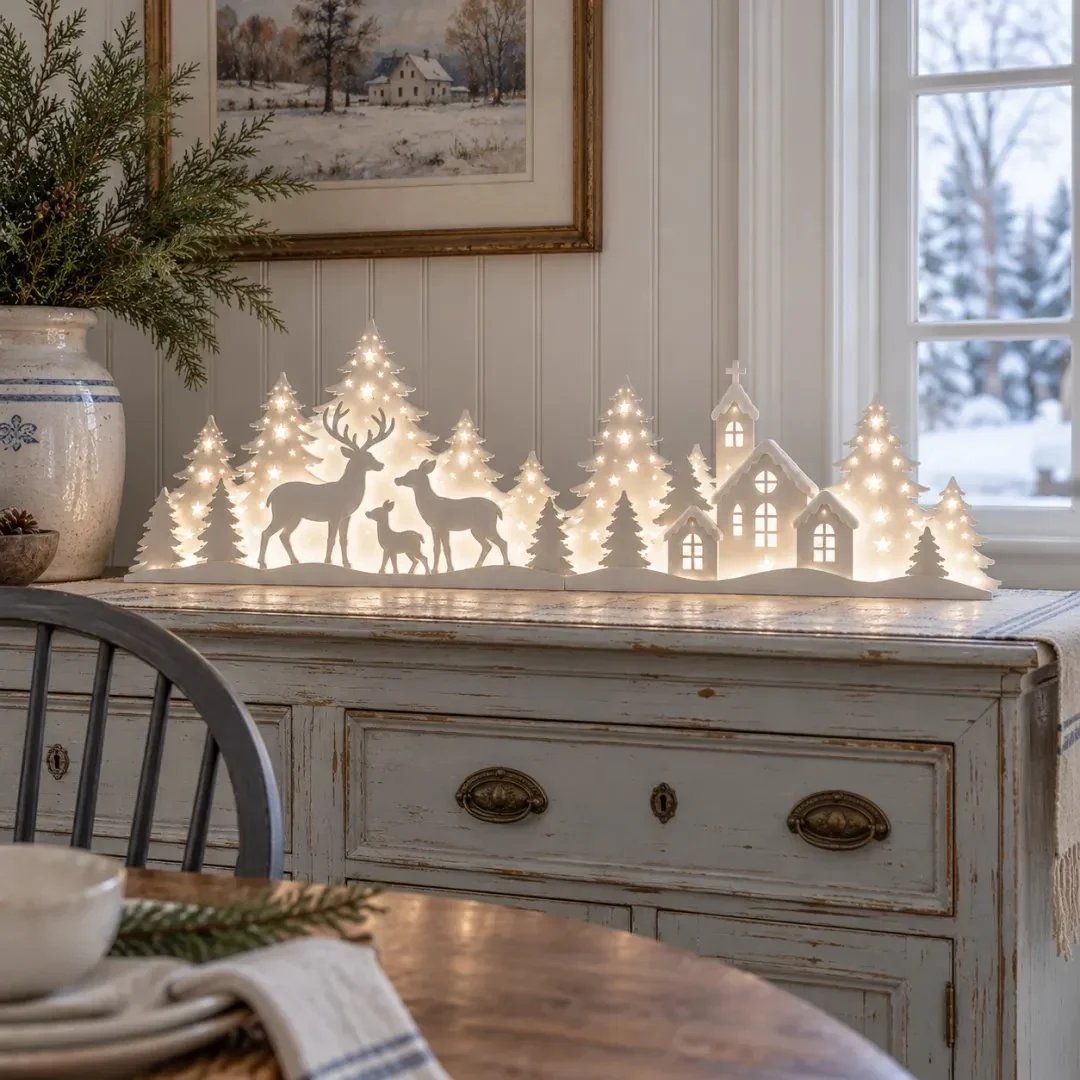 🦌 Verlichte Kerstdecoratie voor het Raam – Rendier & Dorp | 2-delige LED-set ✨