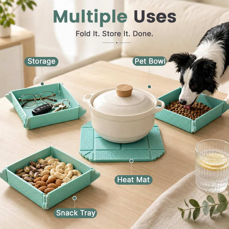 🍽️ Opvouwbare Hittebestendige Mat & Opbergbak – 2-in-1 Onderzetter en Snacktray met Magneetopslag 🧲✨