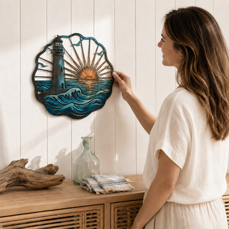 🌅 Golden Harbour-muurschildering – Metalen wanddecoratie in vintage kuststijl⚓