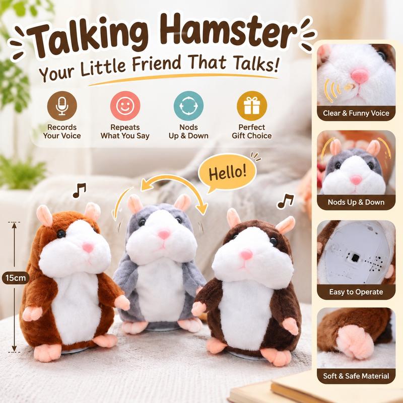 🐹 Pratende hamsterknuffel – herhaalt geluid & beweegt! 3 kleuren + kersteditie (15 cm) ✨🎄