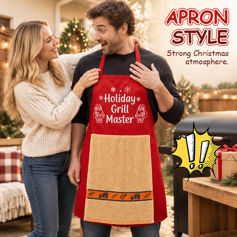 🎅 Kerst BBQ Schort — Grappig Feestdag Grill Master Schort met Handdoek