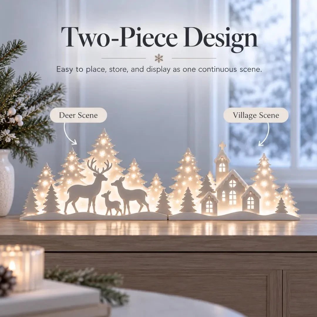 🦌 Verlichte Kerstdecoratie voor het Raam – Rendier & Dorp | 2-delige LED-set ✨