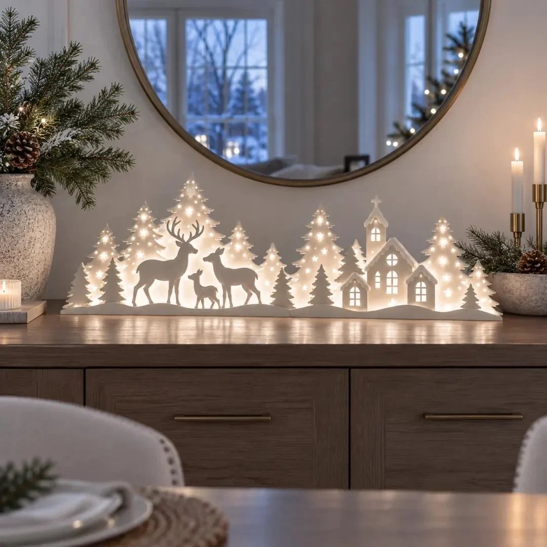 🦌 Verlichte Kerstdecoratie voor het Raam – Rendier & Dorp | 2-delige LED-set ✨
