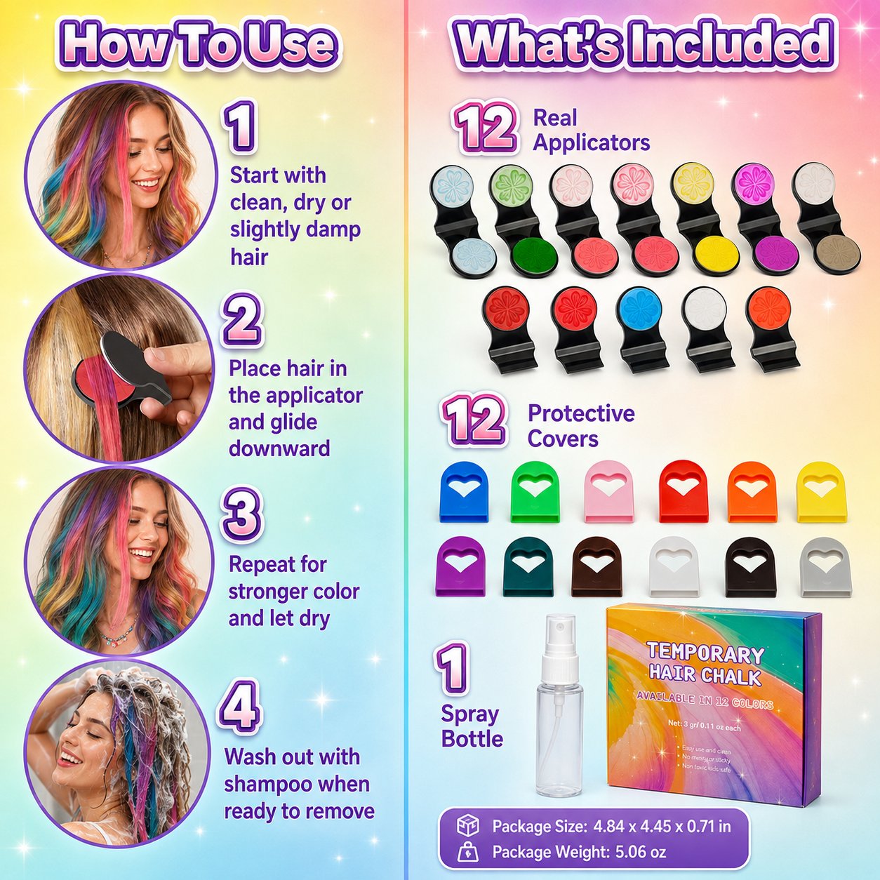 🌈 Set met applicators voor tijdelijke haarkrijtjes, 12 kleuren