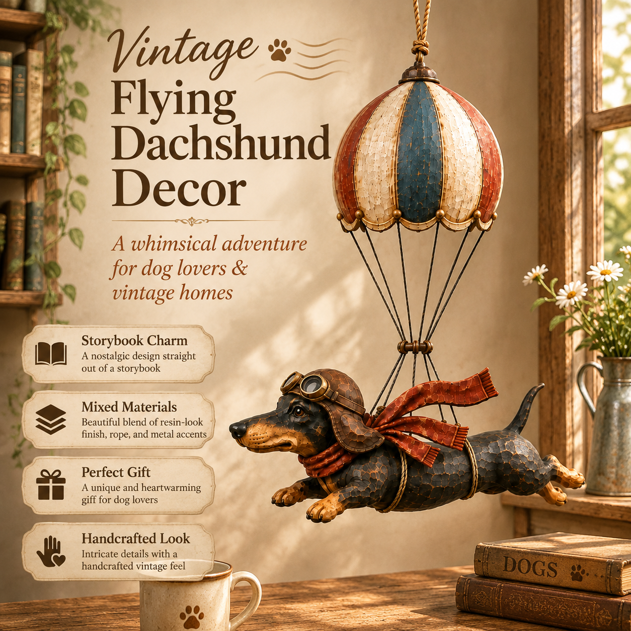 🎈 Vliegende teckel in heteluchtballon — vintage decoratie vol karakter