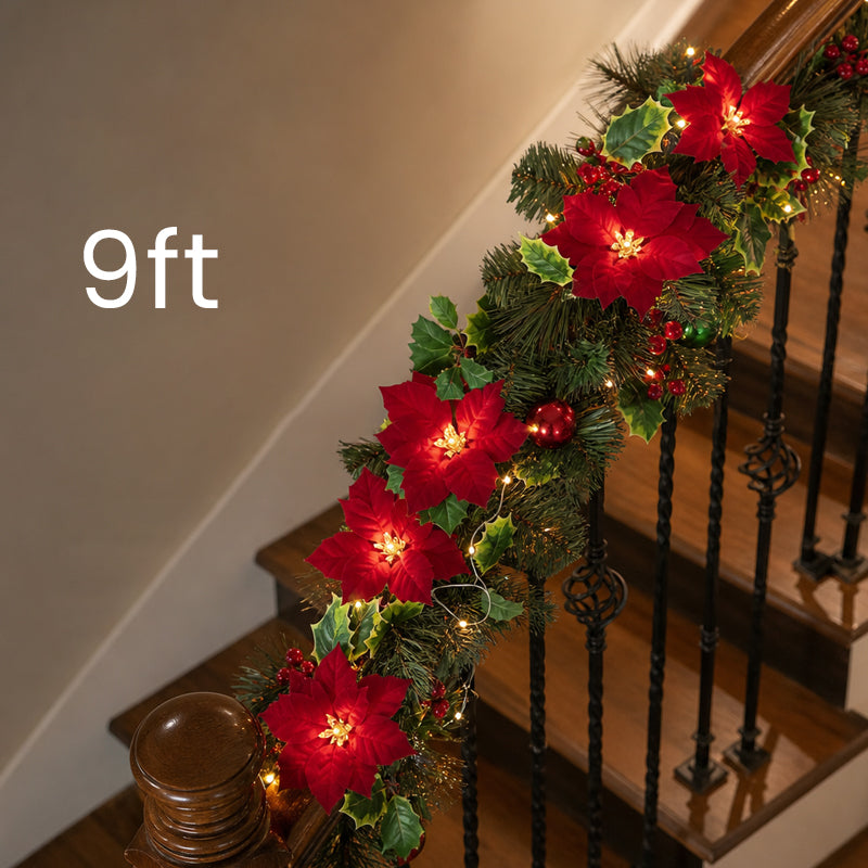 😍 🎄 Kerstster-lichtslinger – 2 m warme LED-slinger met rode bloemen en hulstblaadjes