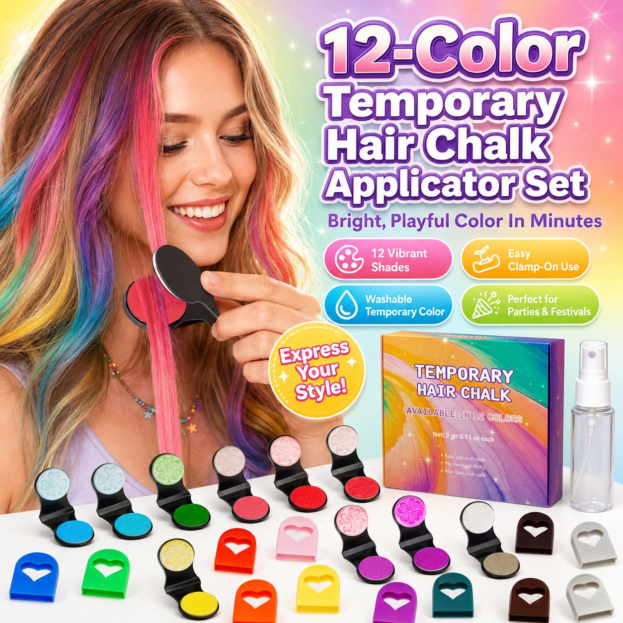 🌈 Set met applicators voor tijdelijke haarkrijtjes, 12 kleuren