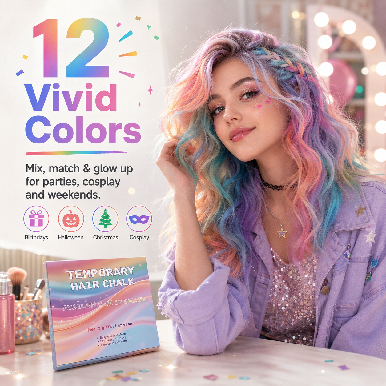 🌈 Haar Chalk Set — 12 kleuren, 1 set, eindeloze looks — zonder schade