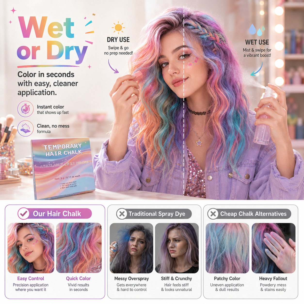 🌈 Haar Chalk Set — 12 kleuren, 1 set, eindeloze looks — zonder schade