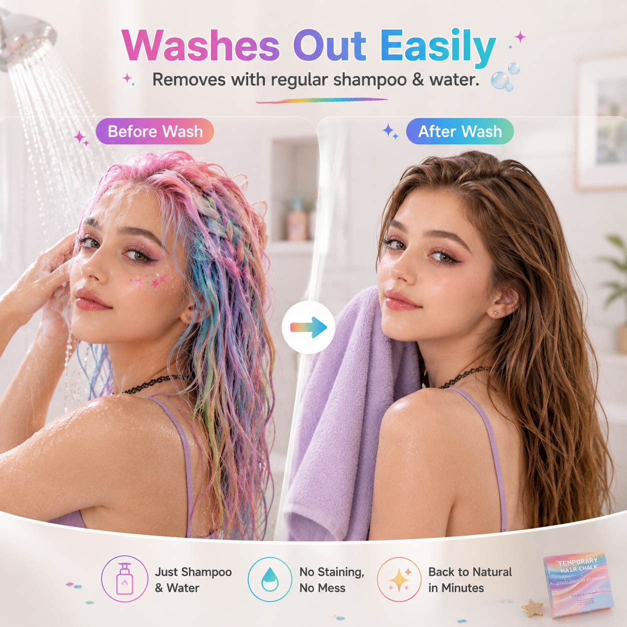🌈 Haar Chalk Set — 12 kleuren, 1 set, eindeloze looks — zonder schade