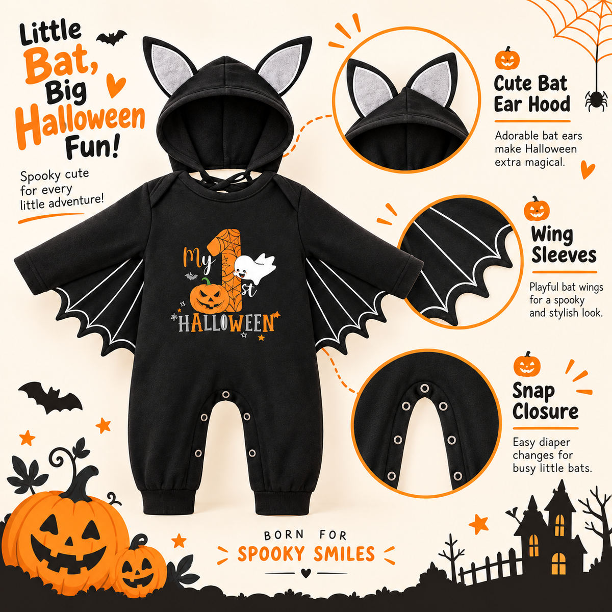 Baby "Mijn Eerste Halloween" Zwart Vleermuispakje met Vleugeltjes
