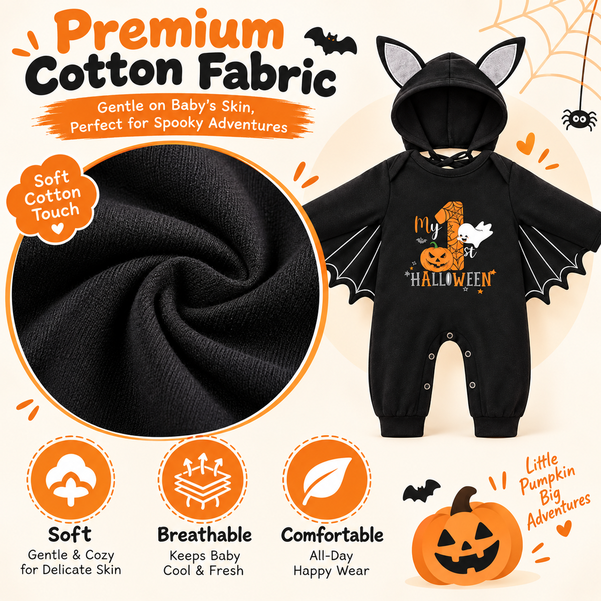 Baby "Mijn Eerste Halloween" Zwart Vleermuispakje met Vleugeltjes
